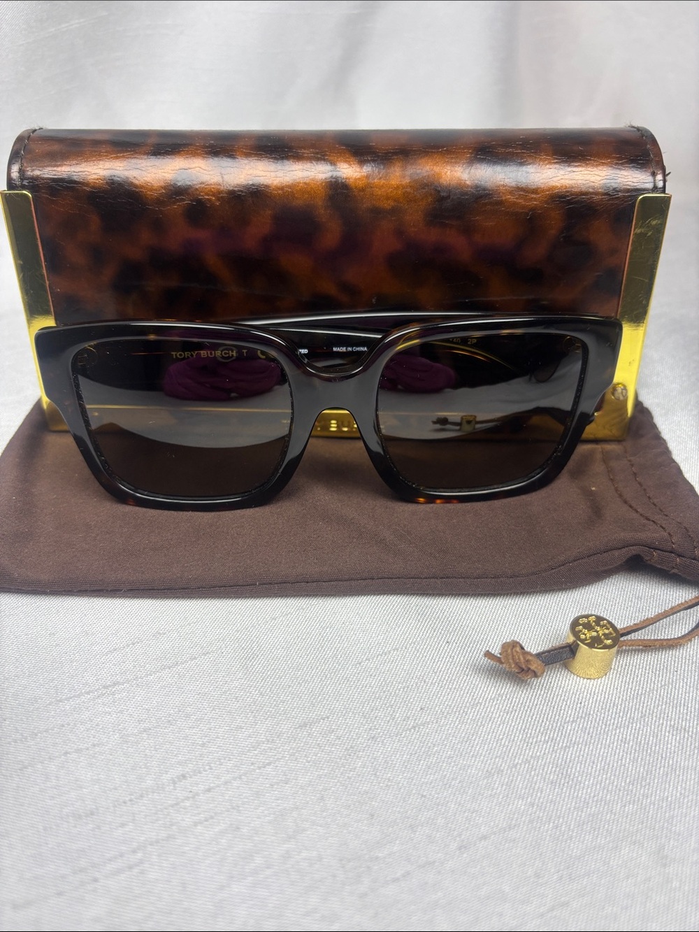 Tory Burch Tortoiseshell Oversized Square Sunglasses with Dark Brown Lenses
